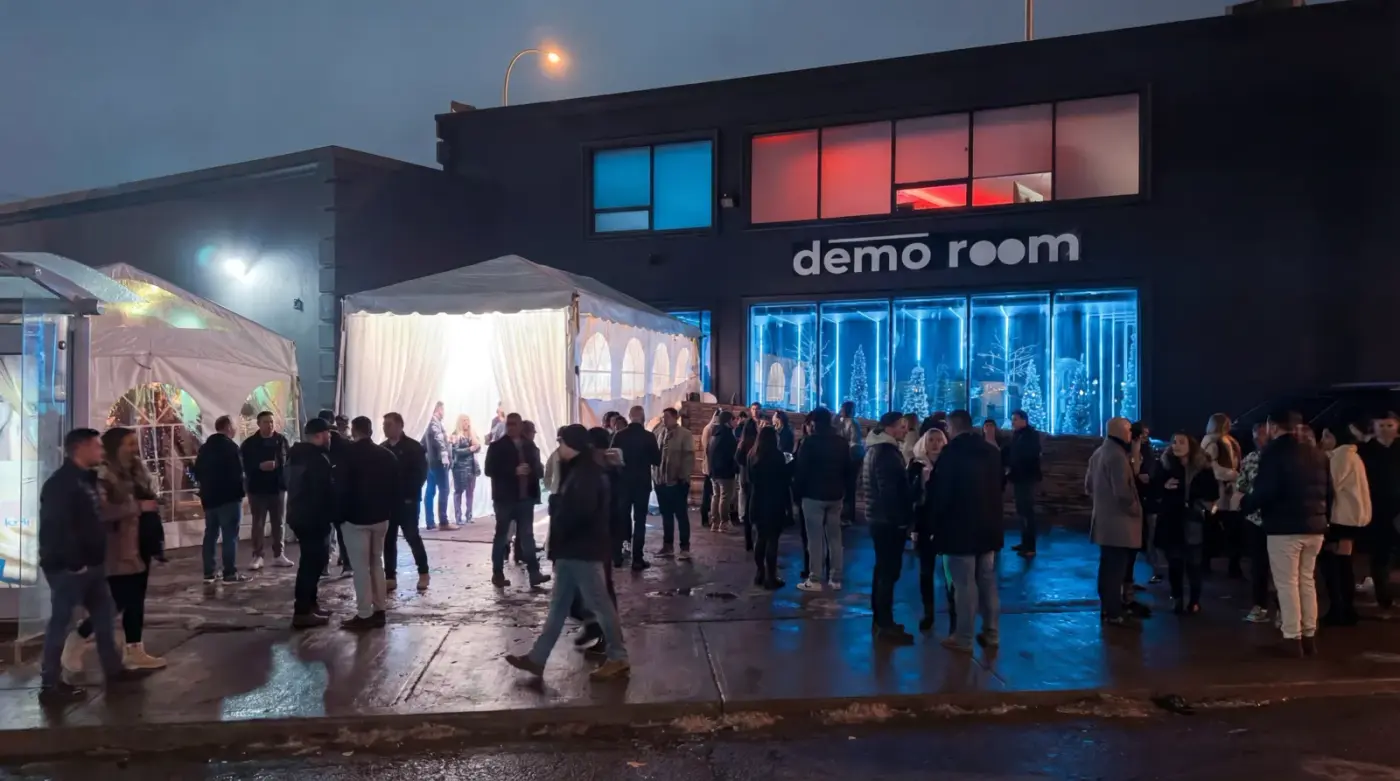 Demo Room exterior at night
